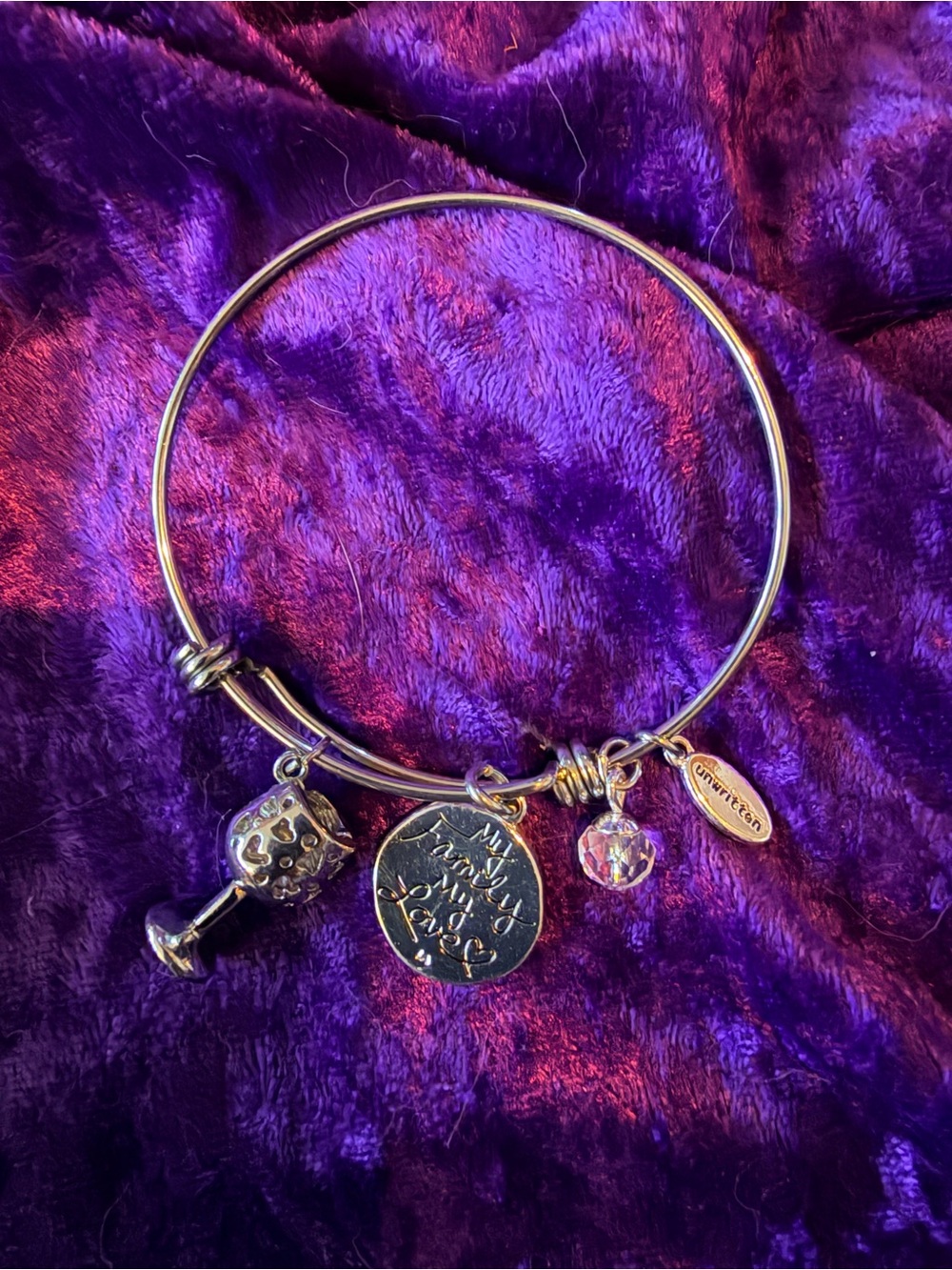 Silver Tone Wine & Charm Bangle Bracelet with Clear Crystal